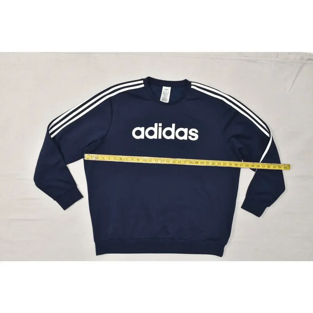 Adidas Men's 2XL Navy Blue Crewneck Sweatshirt White Linear Logo 3-Stripe Fleece